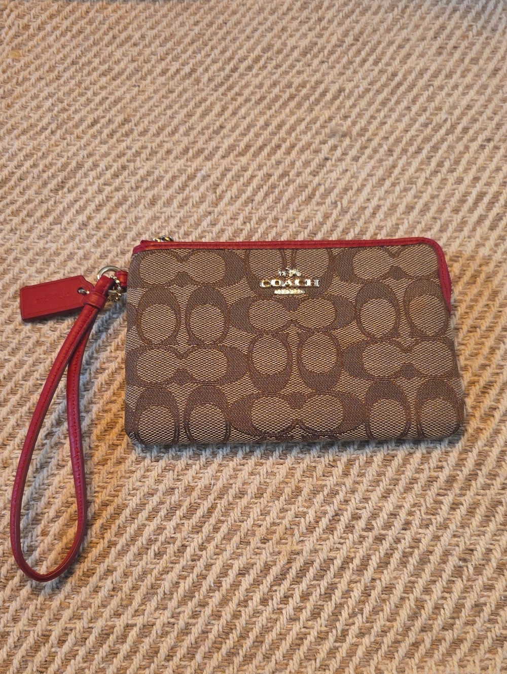 Coach Signature Canvas Wristlet in Brown with Red Trim